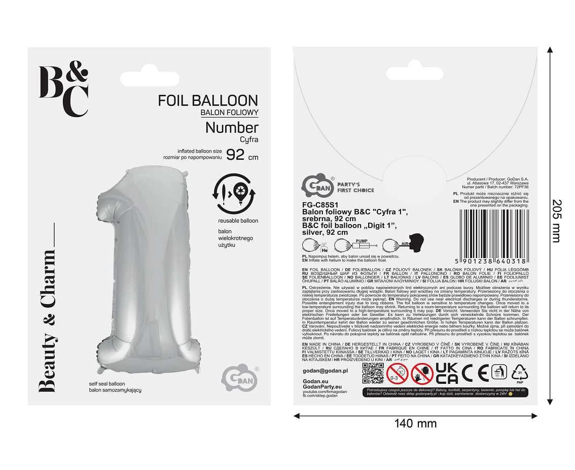 Balon foliowy B&C Cyfra 1, srebrna, 92 cm AA